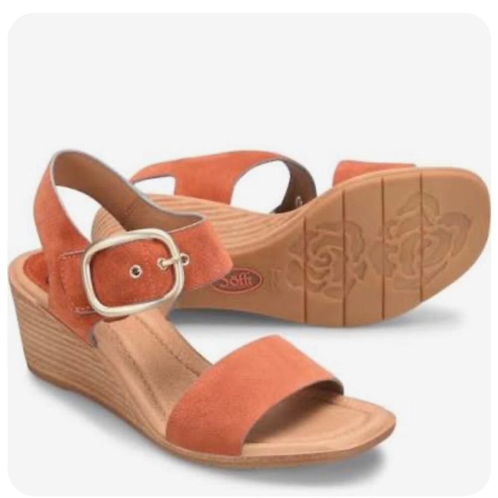 Sofft Greyston Wedge Sandals Sunset Orange Coral Suede Strappy Wedge Heel